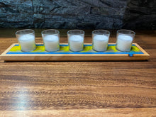 Lime green and electric blue epoxy and alder wood candle holder with five votives