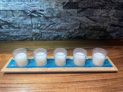 Oak and blue epoxy moon and star votive candle holder includes votives