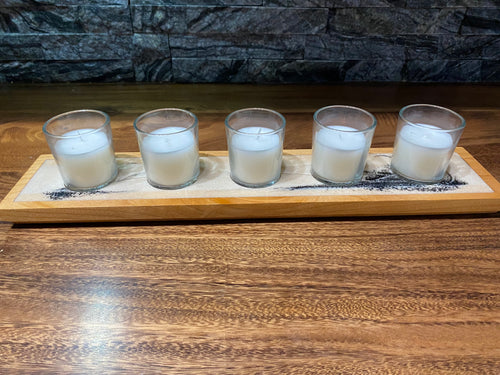 White and Black Swirl Epoxy and Wood Candle Holder. Holds 5 Glass Votives (included)