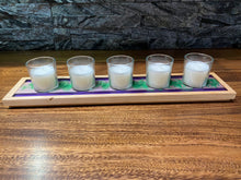 Green and Purple Swirl Epoxy and Wood Candle Holder with five glass  votives