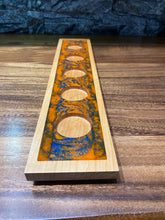 Orange and Blue Swirl Epoxy and Wood candle holder with five votives.