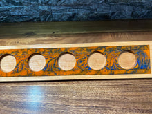 Orange and Blue Swirl Epoxy and Wood candle holder with five votives.